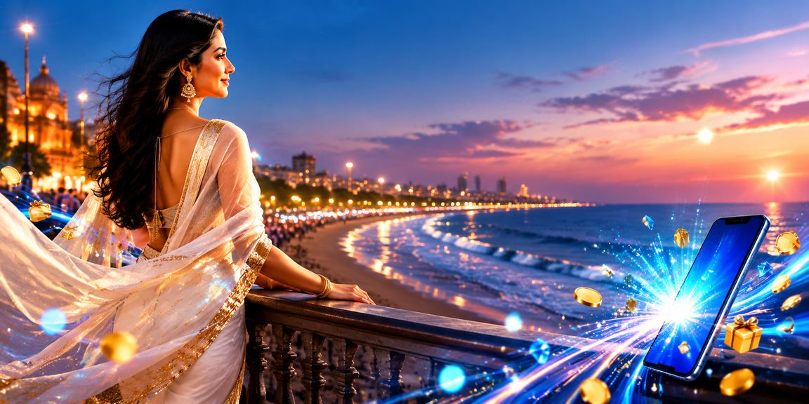 Smiling Indian woman uses mobile for online betting at marina beach Chennai